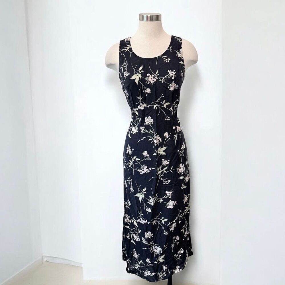 Molly Malloy Black Maxi Dress Medium Shift Floral 1990s Side Slit